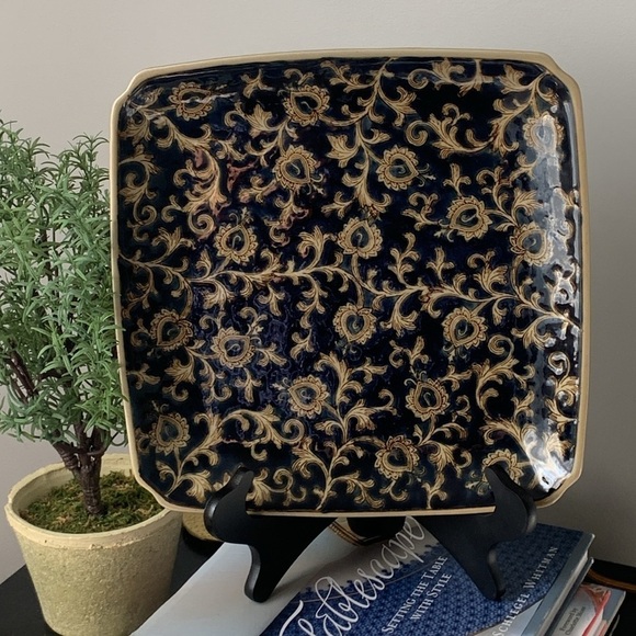 VINTAGE CHINESE PORCELAIN plate COBALT BLUE‎ & GOLD home decor chinoiserie - Picture 1 of 9